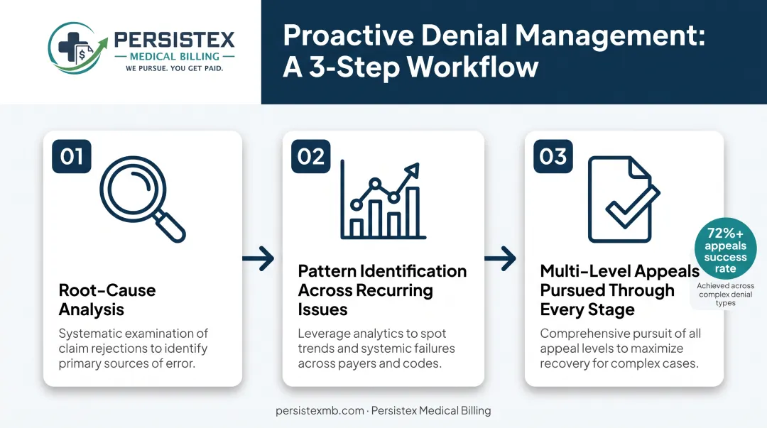 Three-step proactive denial management process with high appeals success rate