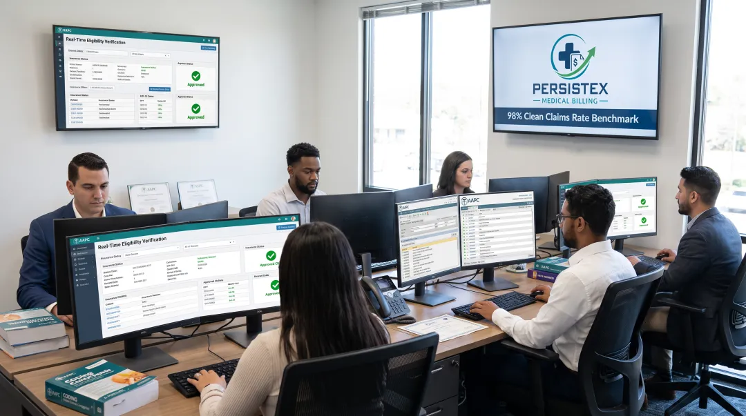 Certified medical coders reviewing real-time claims eligibility verification dashboard
