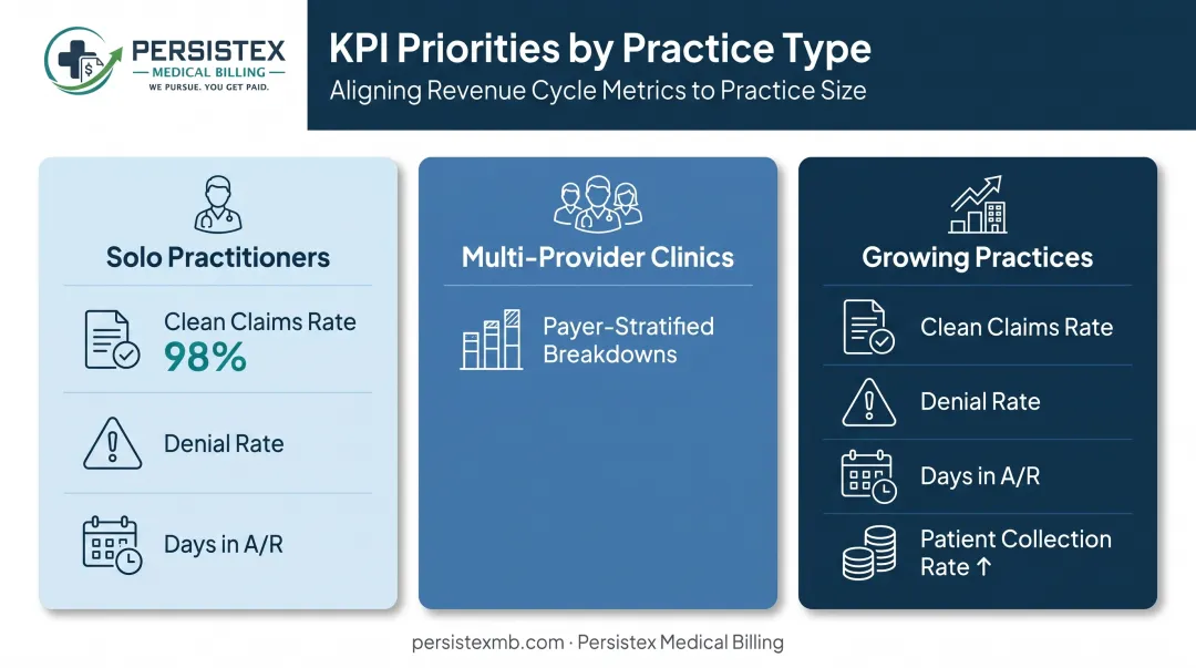 KPI priorities comparison chart for solo multi-provider and growing practices
