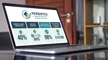 Persistex client results dashboard showing denial reduction and collections growth