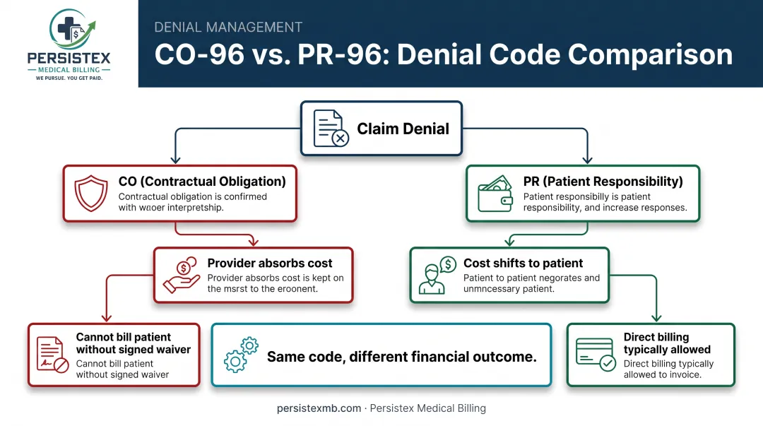 CO-96 versus PR-96 denial code liability comparison diagram