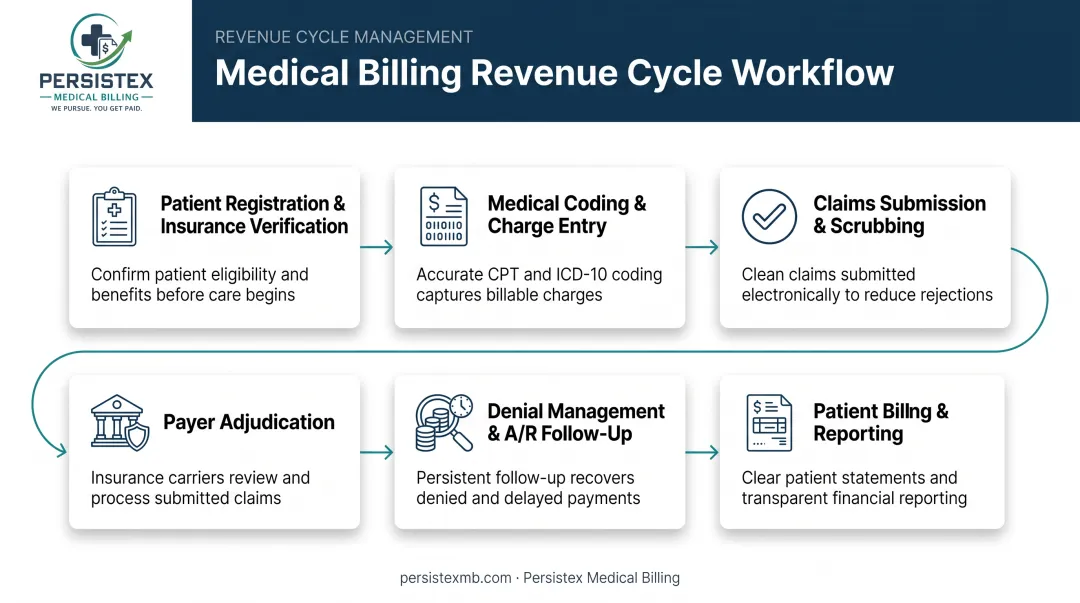 6-step medical billing process flow from registration to patient statement