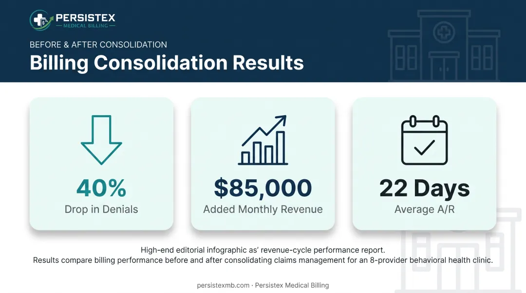 Behavioral health clinic billing consolidation results showing revenue and denial improvements