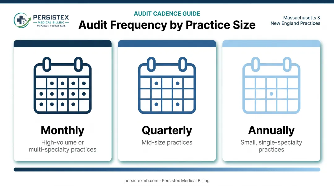 Monthly quarterly annual medical billing audit cadence by practice size