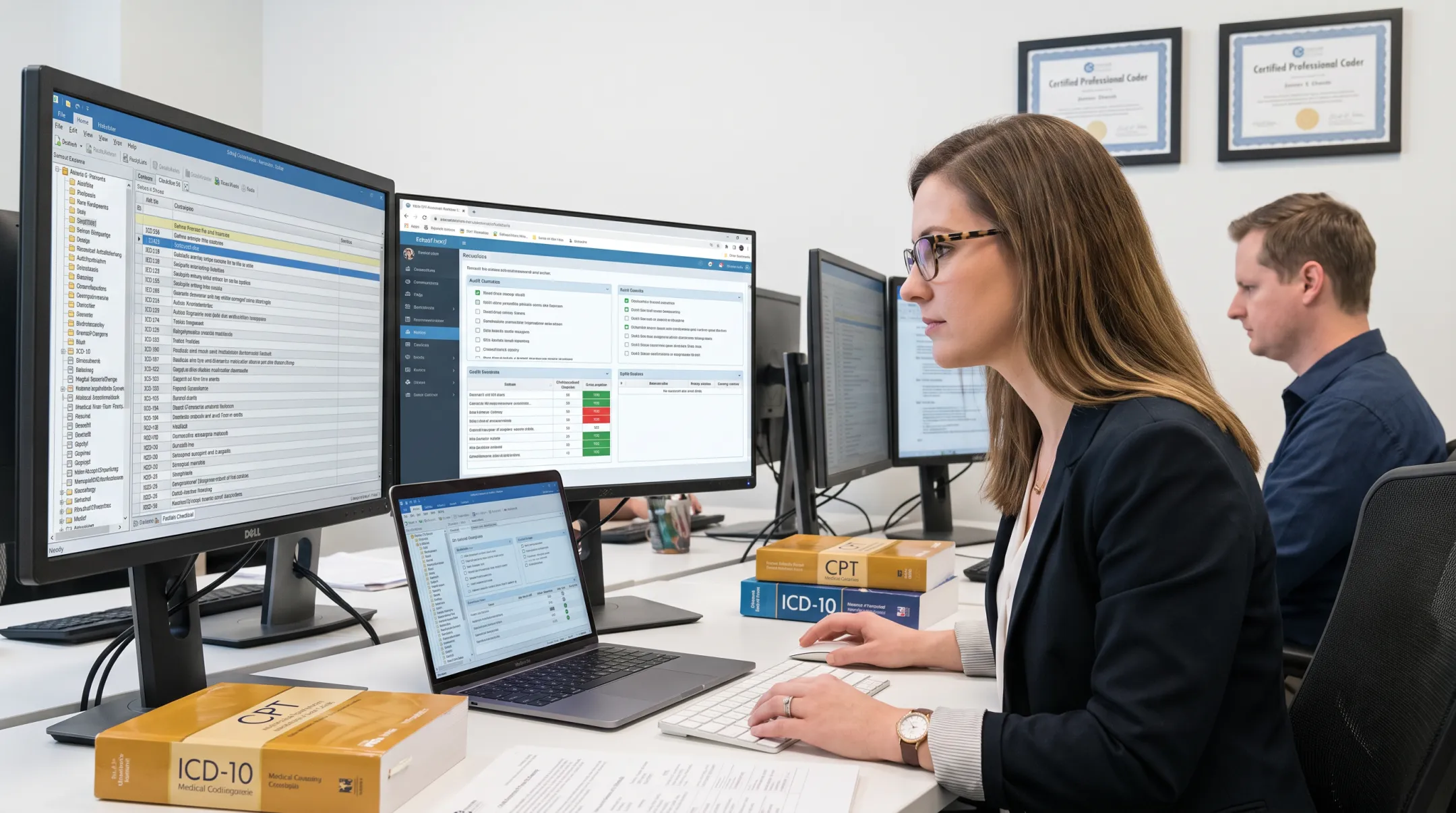 Certified medical coders reviewing patient documentation before claim submission