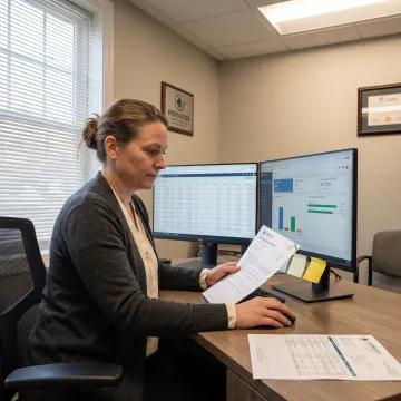 Healthcare billing specialist reviewing revenue cycle data