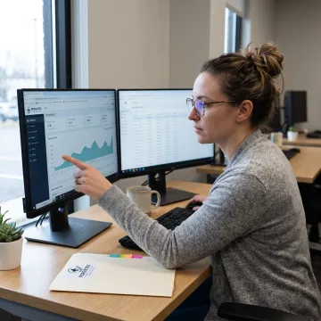 Healthcare billing specialist reviewing revenue cycle data