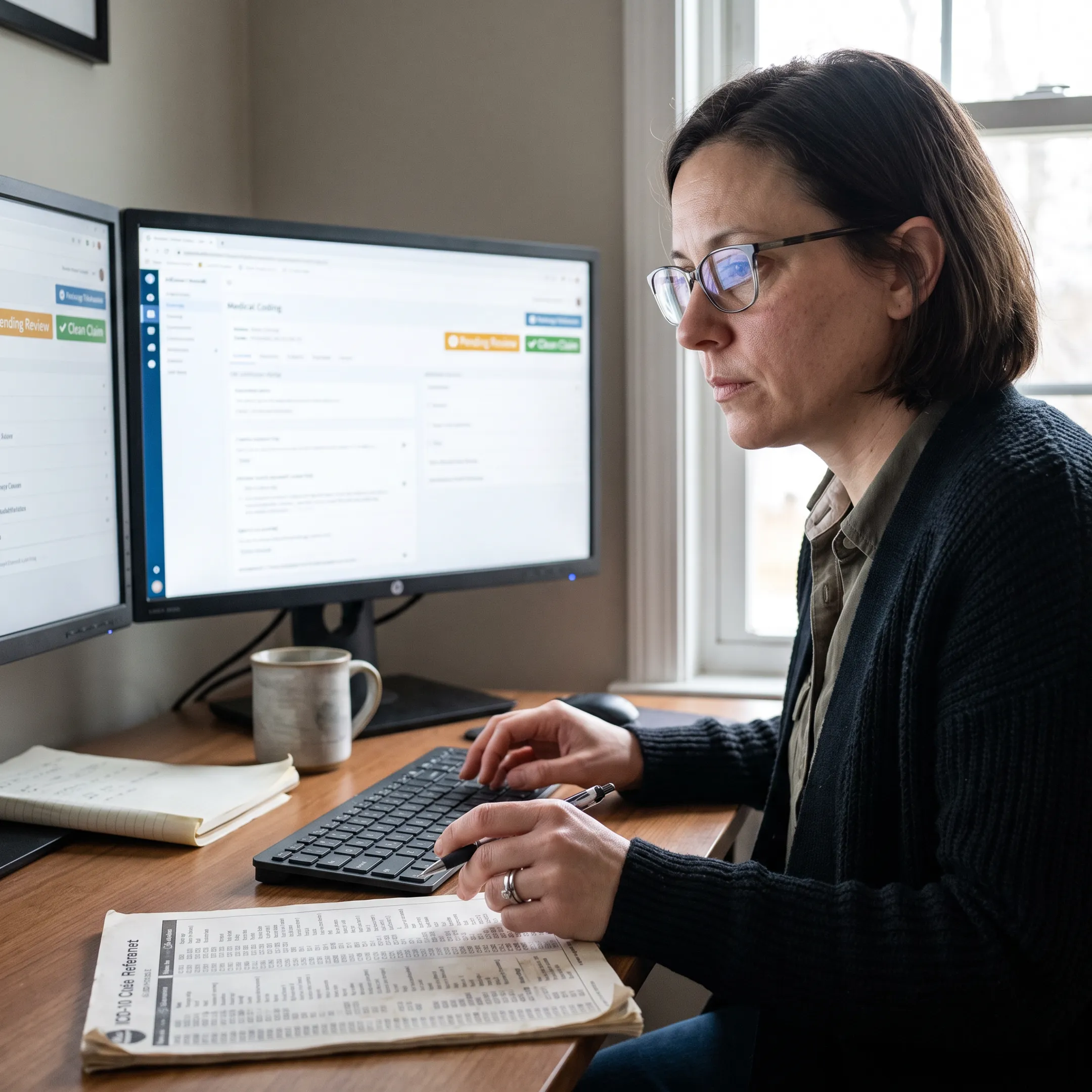 Certified remote medical coder analyzing patient documentation for accurate claim coding