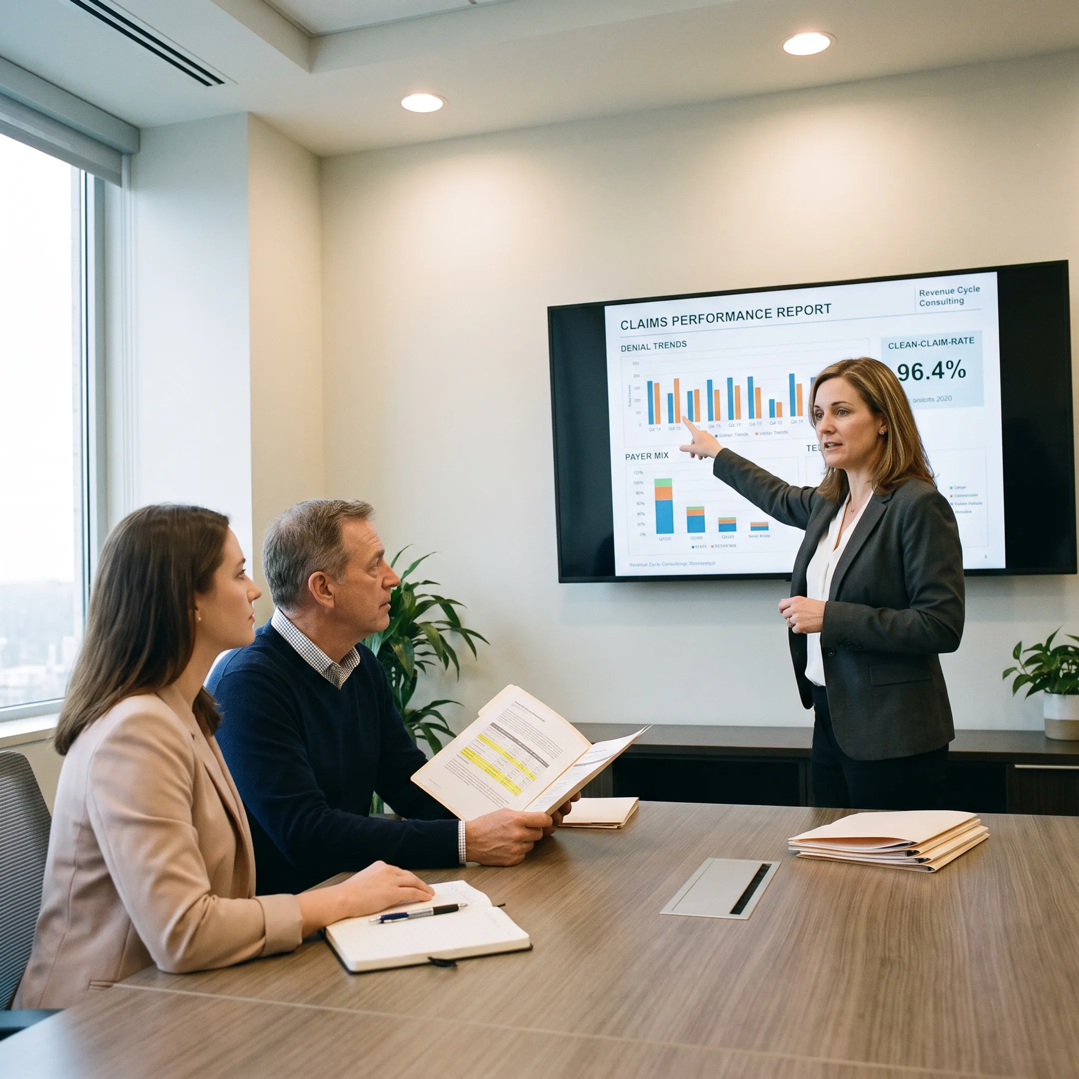 Consultant presenting a revenue cycle optimization report to healthcare providers