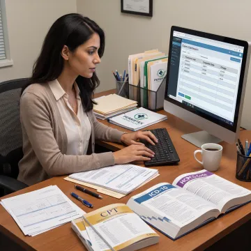 Coder checking CPT and ICD-10 codes