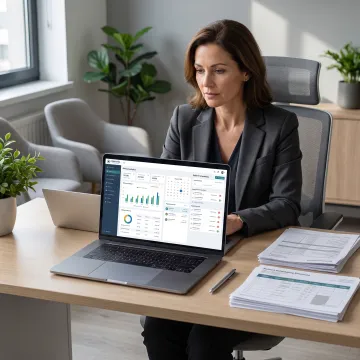 Healthcare professional reviewing practice revenue dashboard