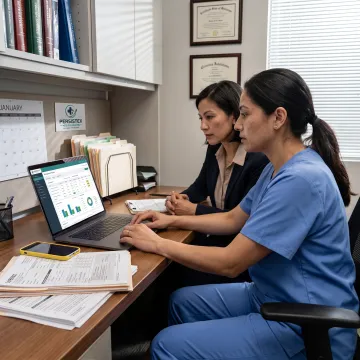 Primary care clinician reviewing billing information