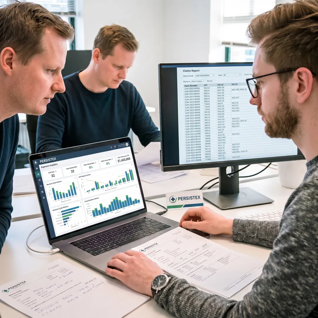 Billing team reviewing healthcare revenue reports