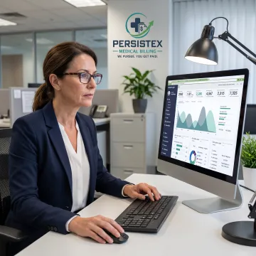 Healthcare billing specialist reviewing revenue cycle data