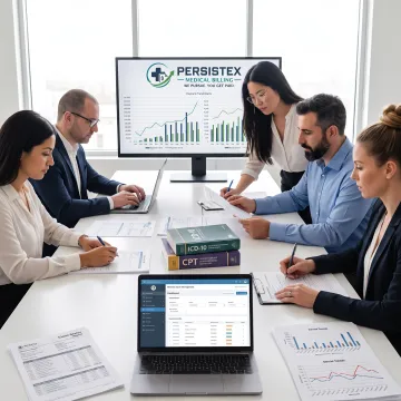 Healthcare revenue cycle team reviewing billing data