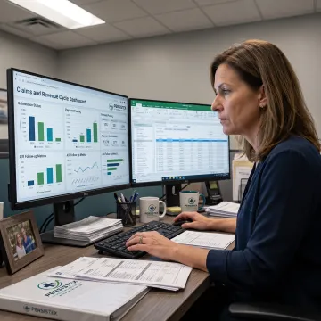 Healthcare billing specialist reviewing practice revenue data