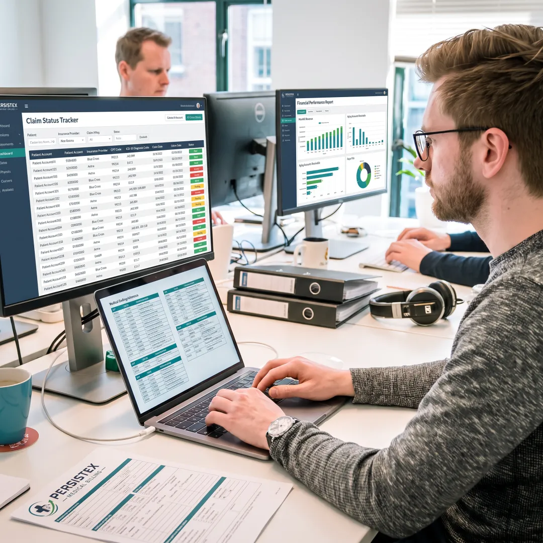 Medical billing specialists reviewing practice financial data