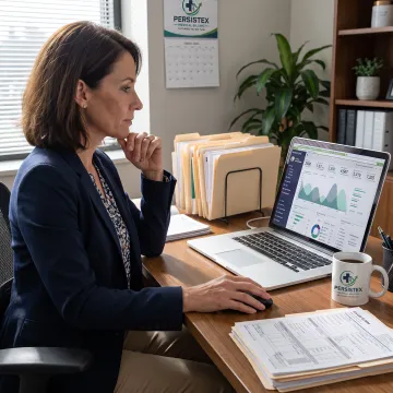 Billing specialist analyzing revenue cycle data