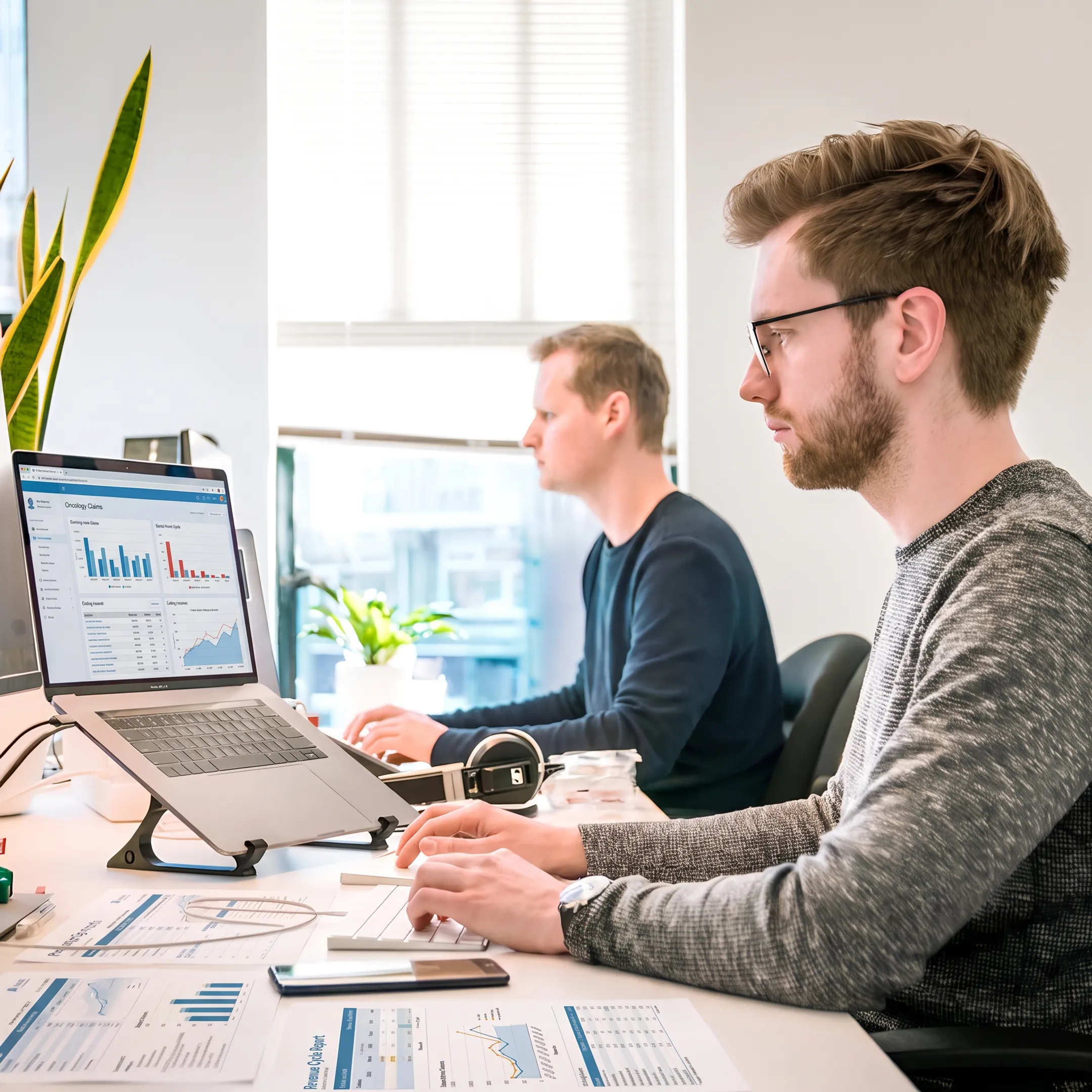 Billing team analyzing oncology revenue cycle data