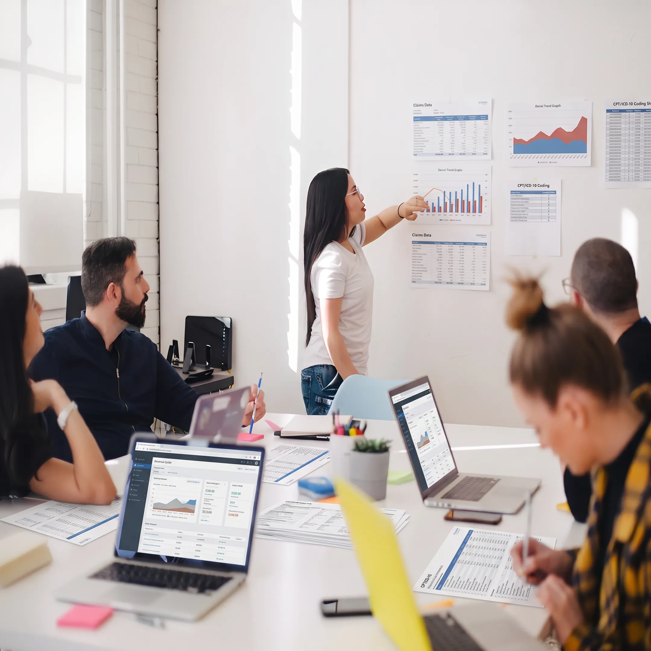 Billing team analyzing medical revenue reports