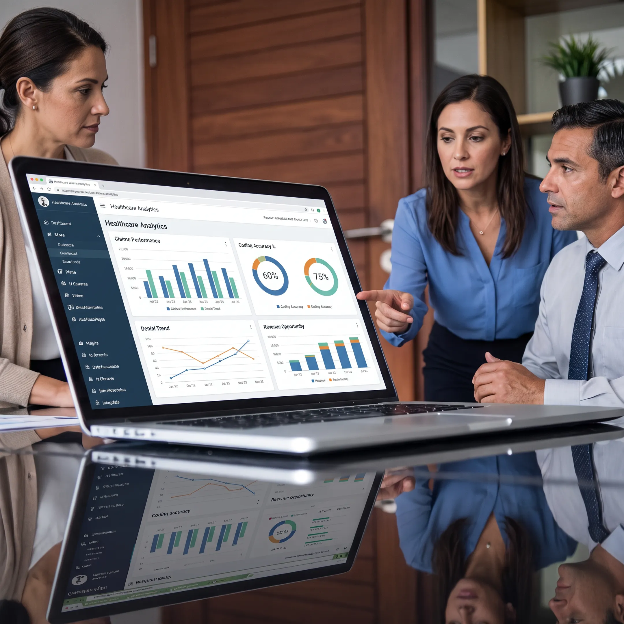 Billing team analyzing a healthcare practice revenue report