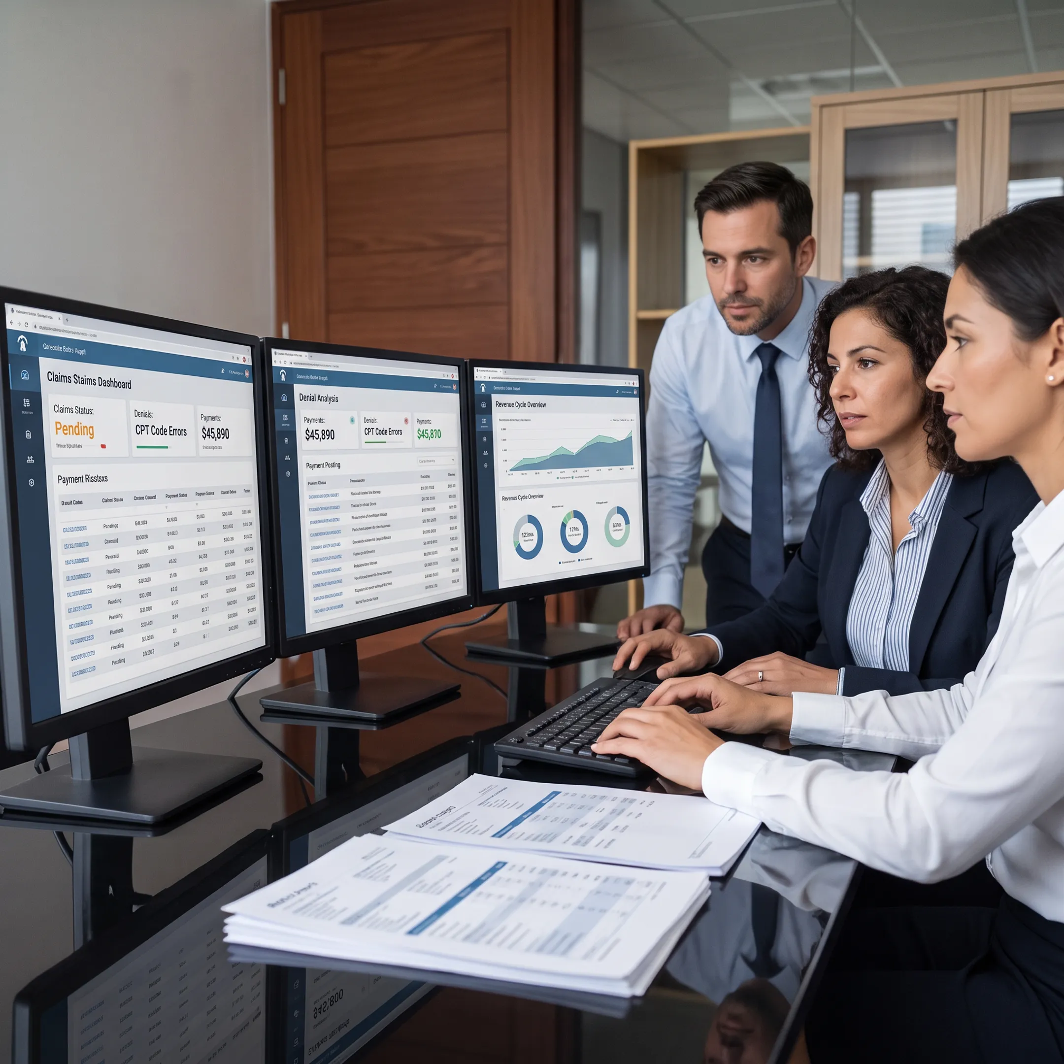 Team reviewing healthcare revenue cycle reports