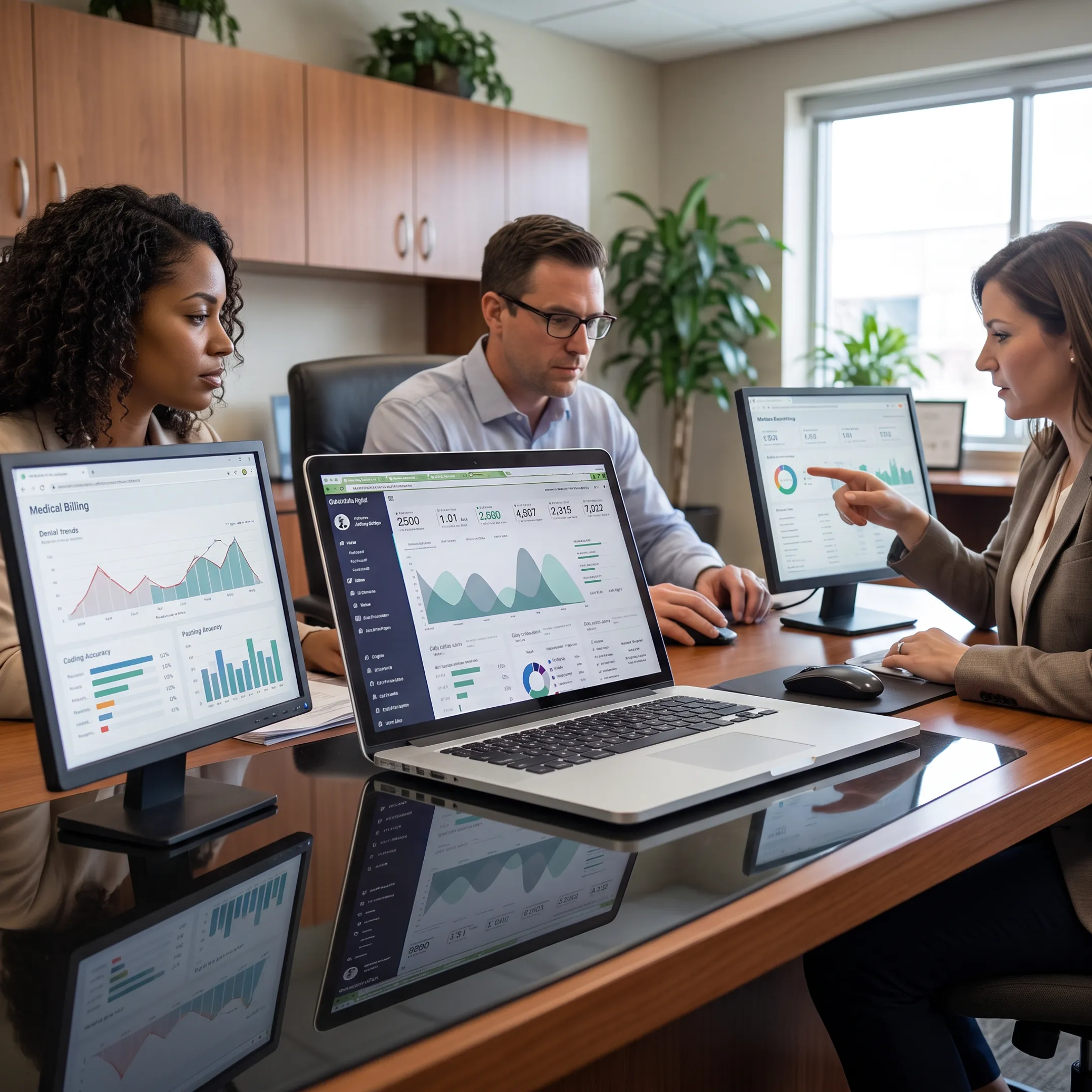 Medical billing team analyzing revenue cycle performance