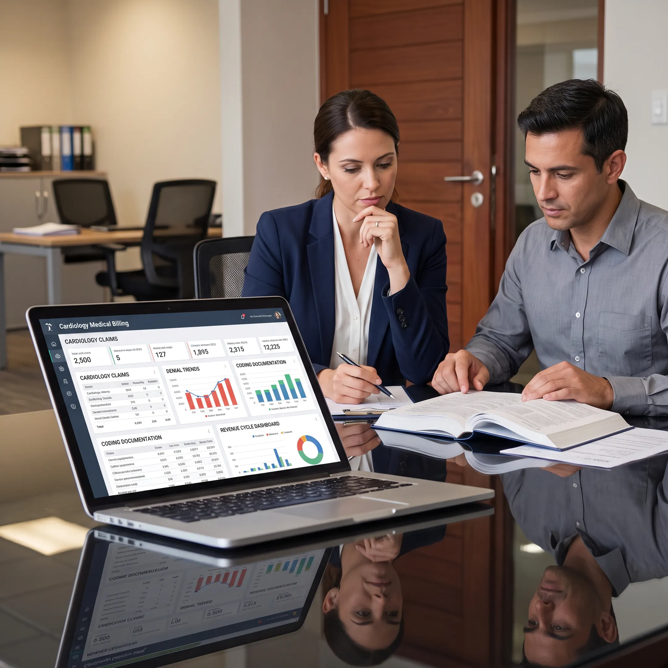 Cardiology billing team analyzing claims performance
