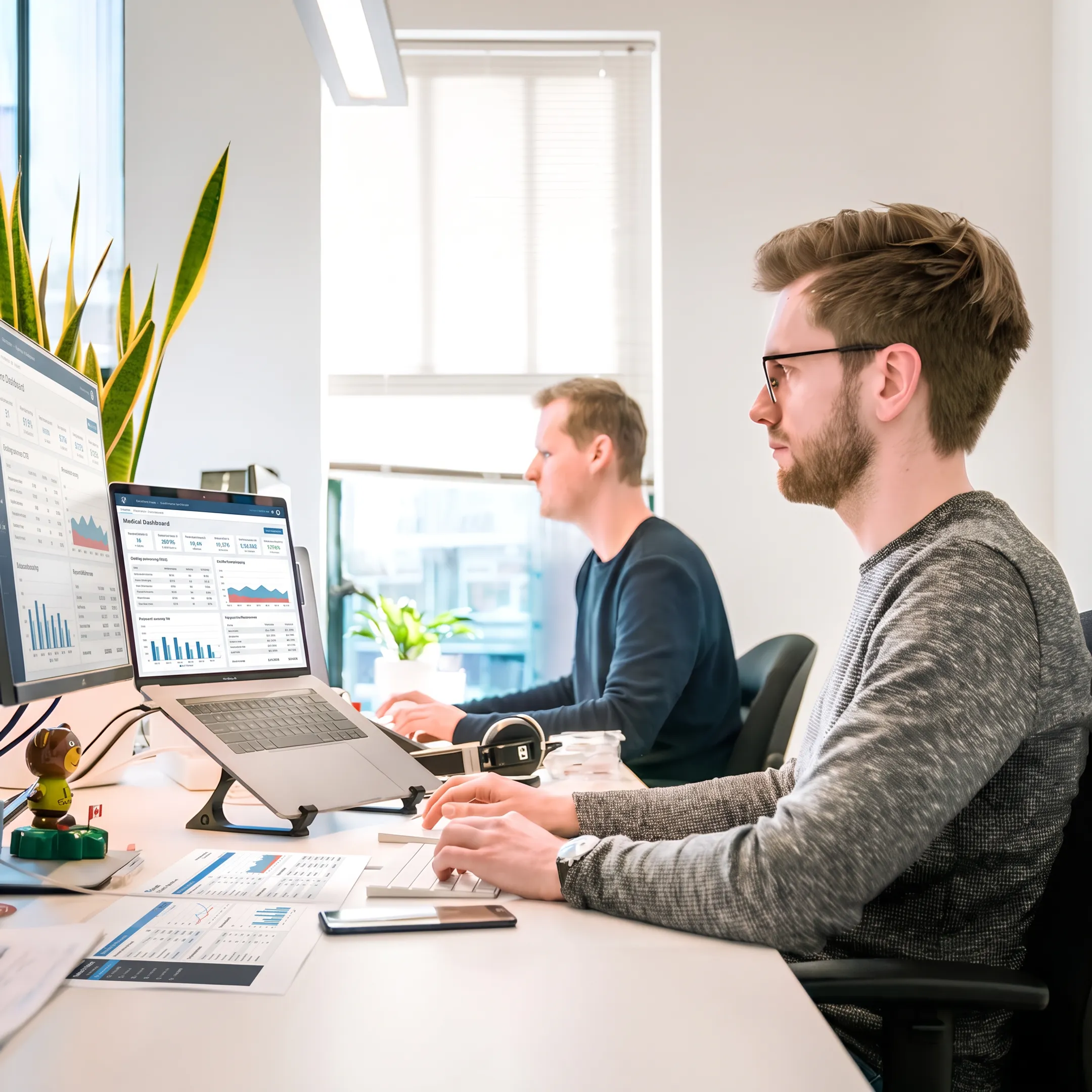 Medical billing team analyzing physician revenue cycle performance