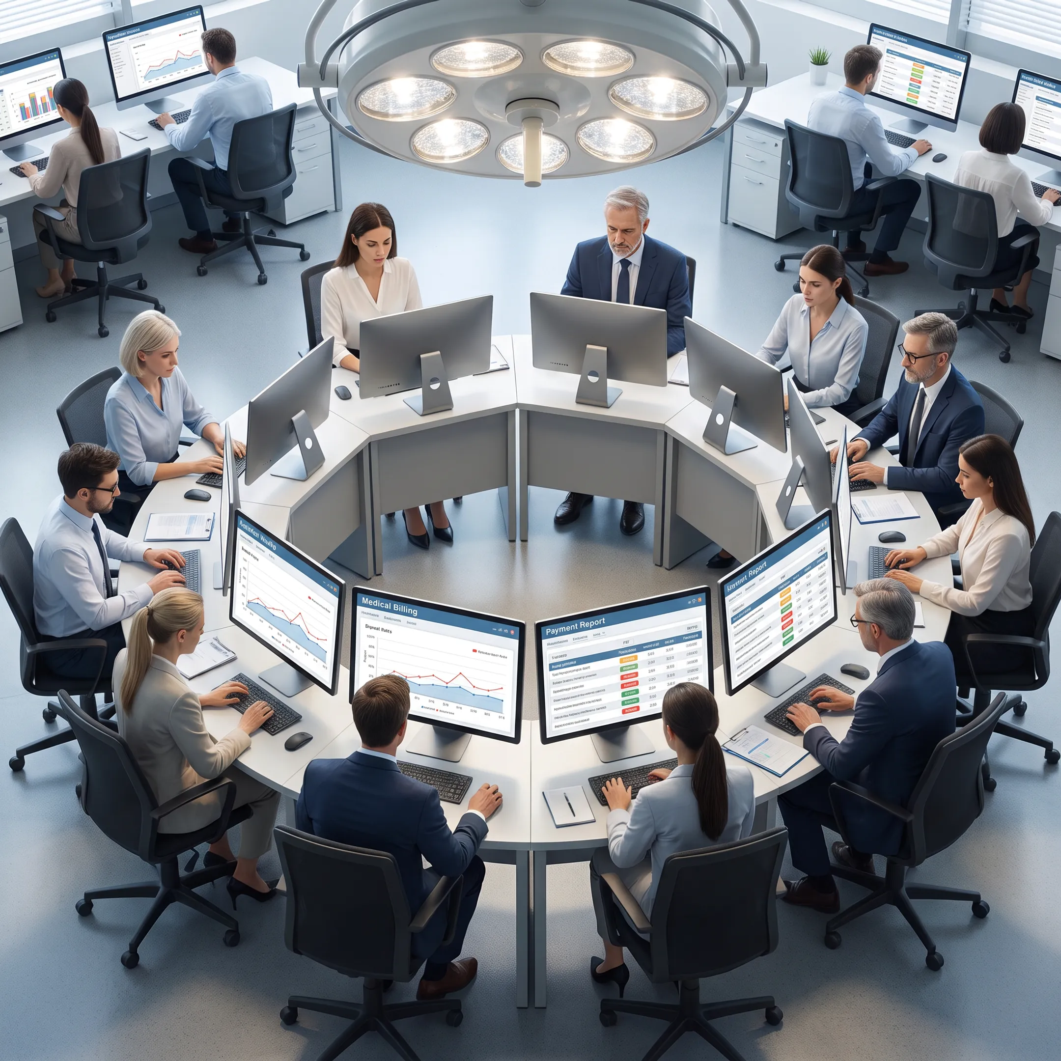 Billing team analyzing claims and revenue cycle reports