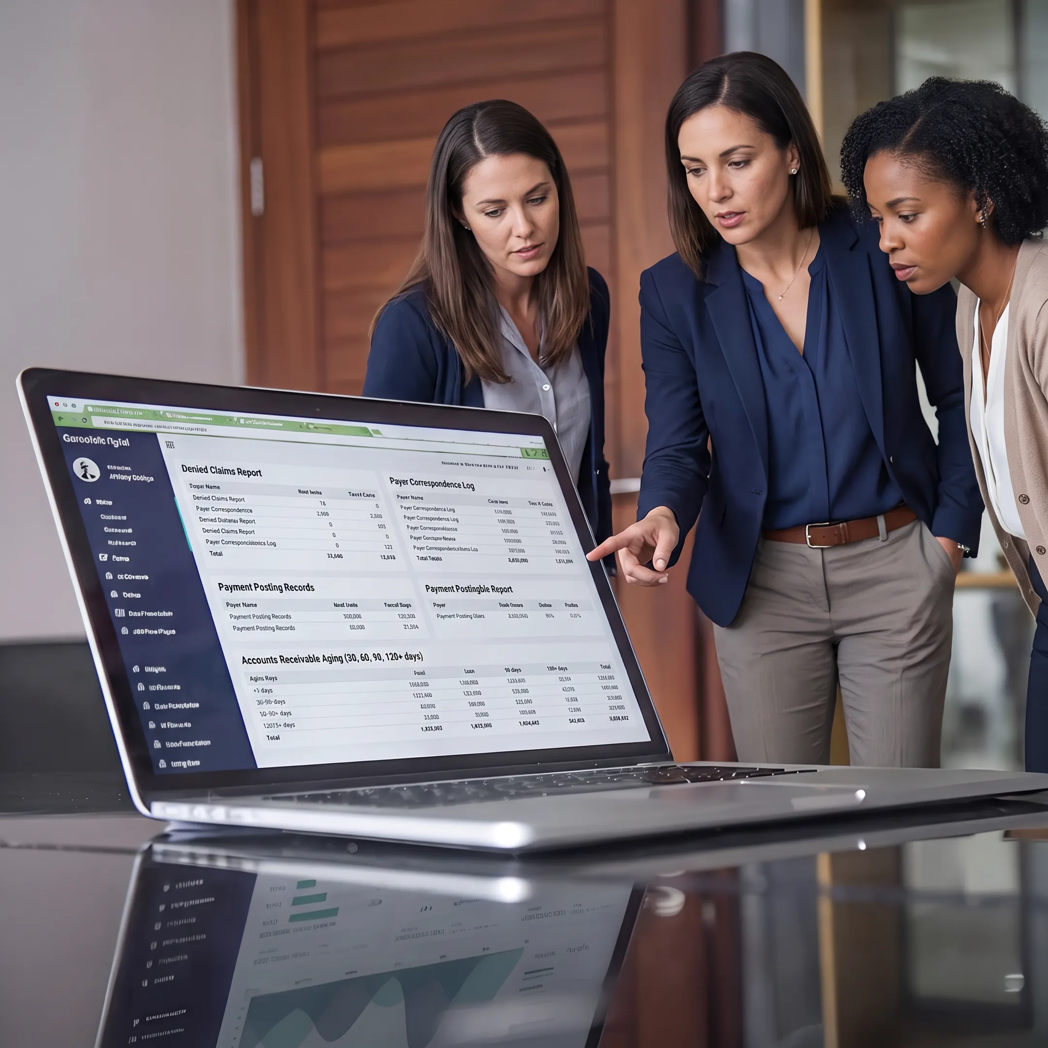 Billing team analyzing denied claims and accounts receivable performance