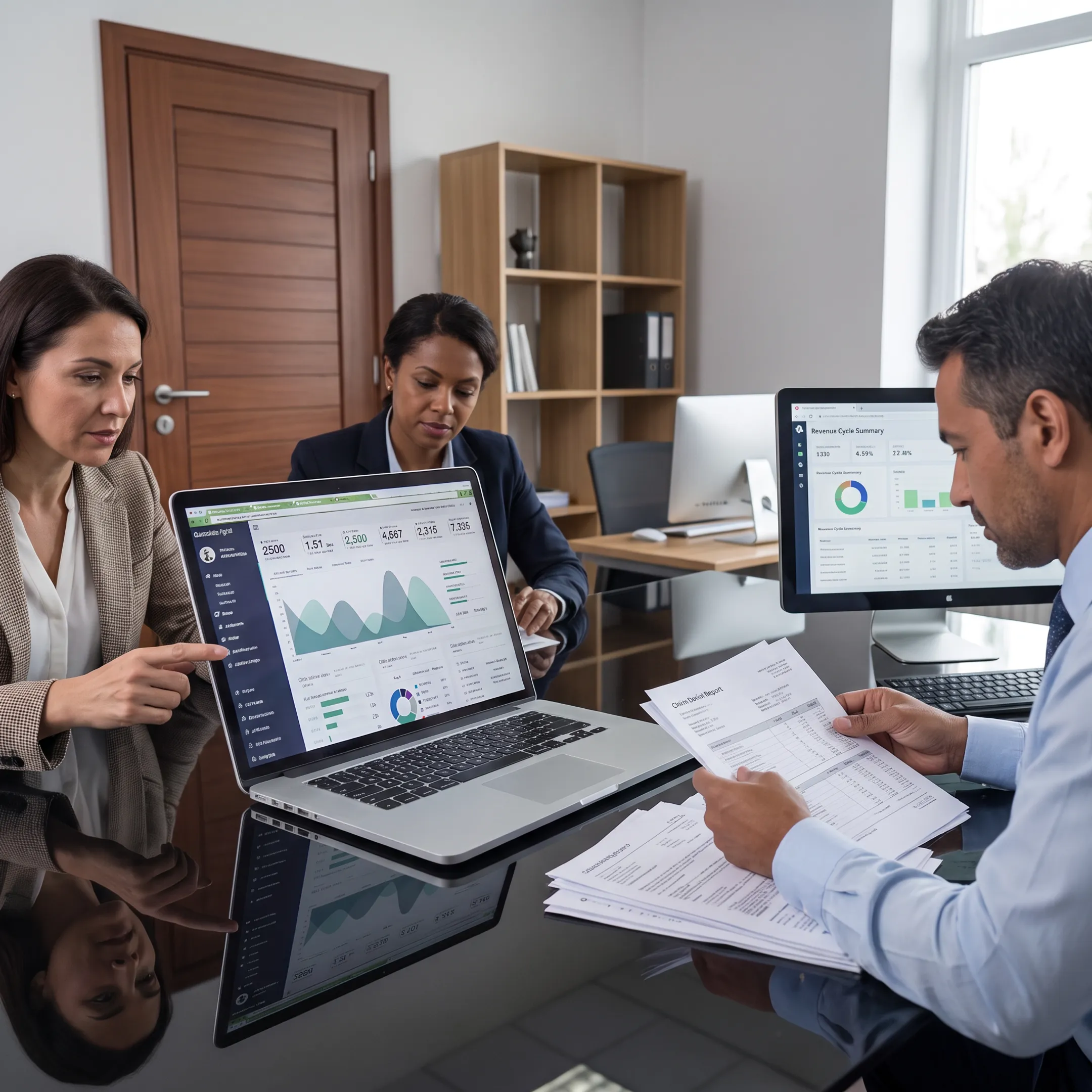 Billing team analyzing claims and revenue cycle performance