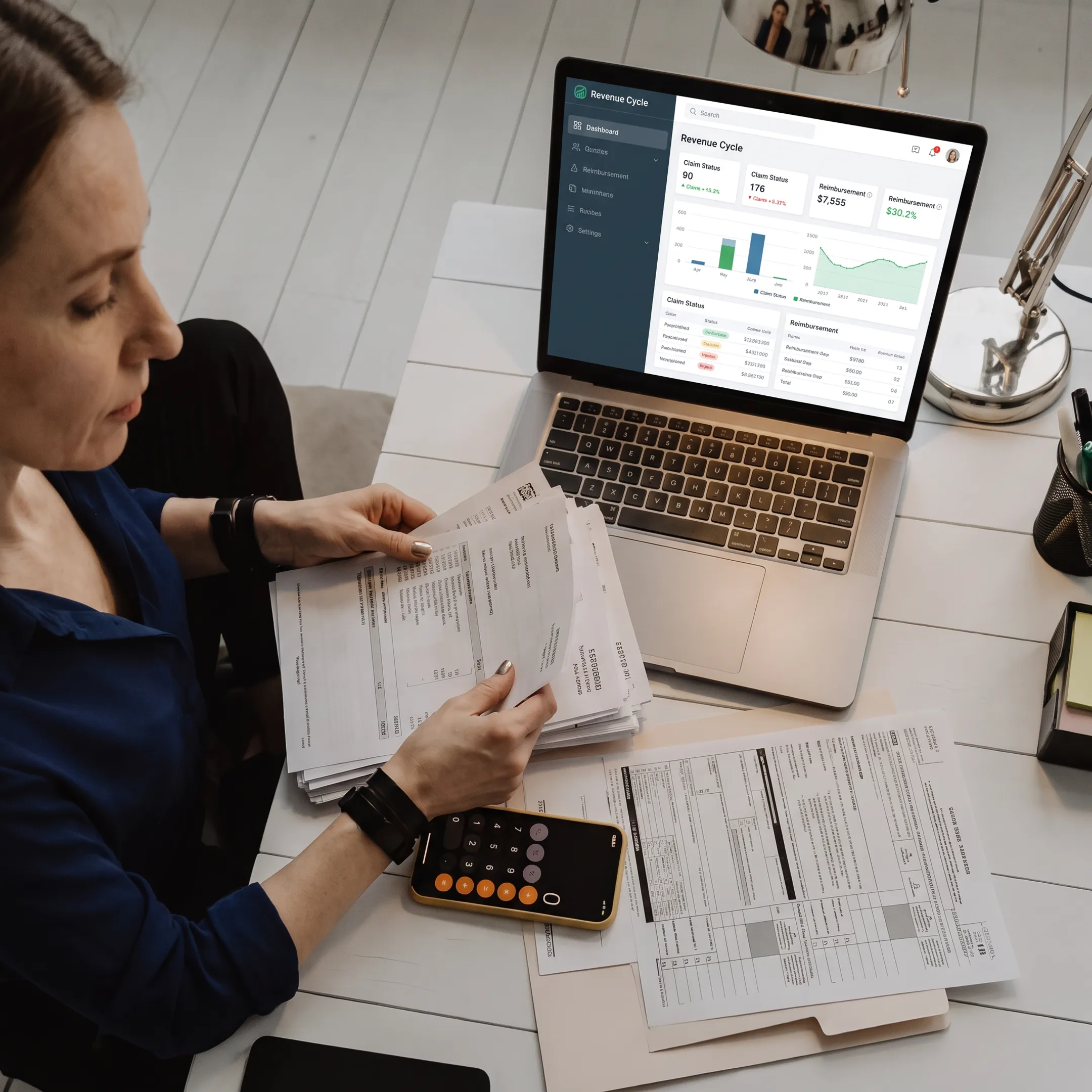 Specialist organizing patient billing statements and payment records