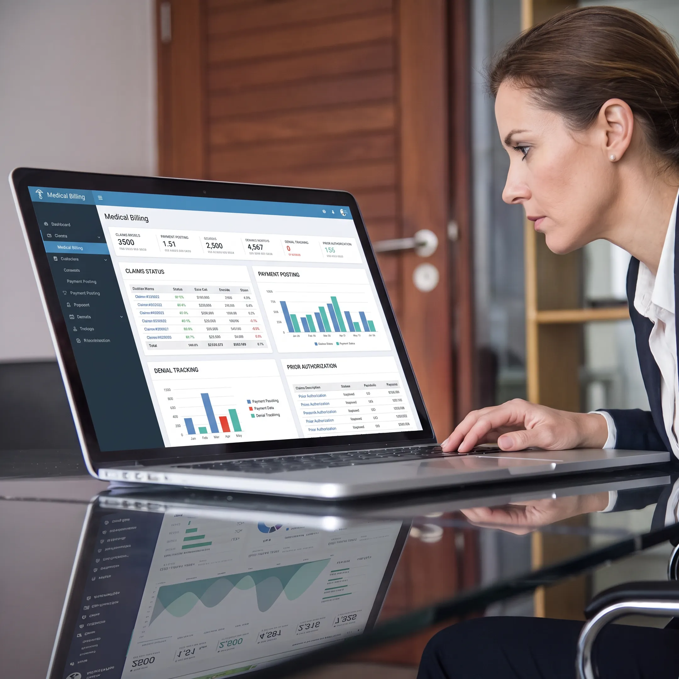 Specialist reviewing a healthcare revenue cycle dashboard