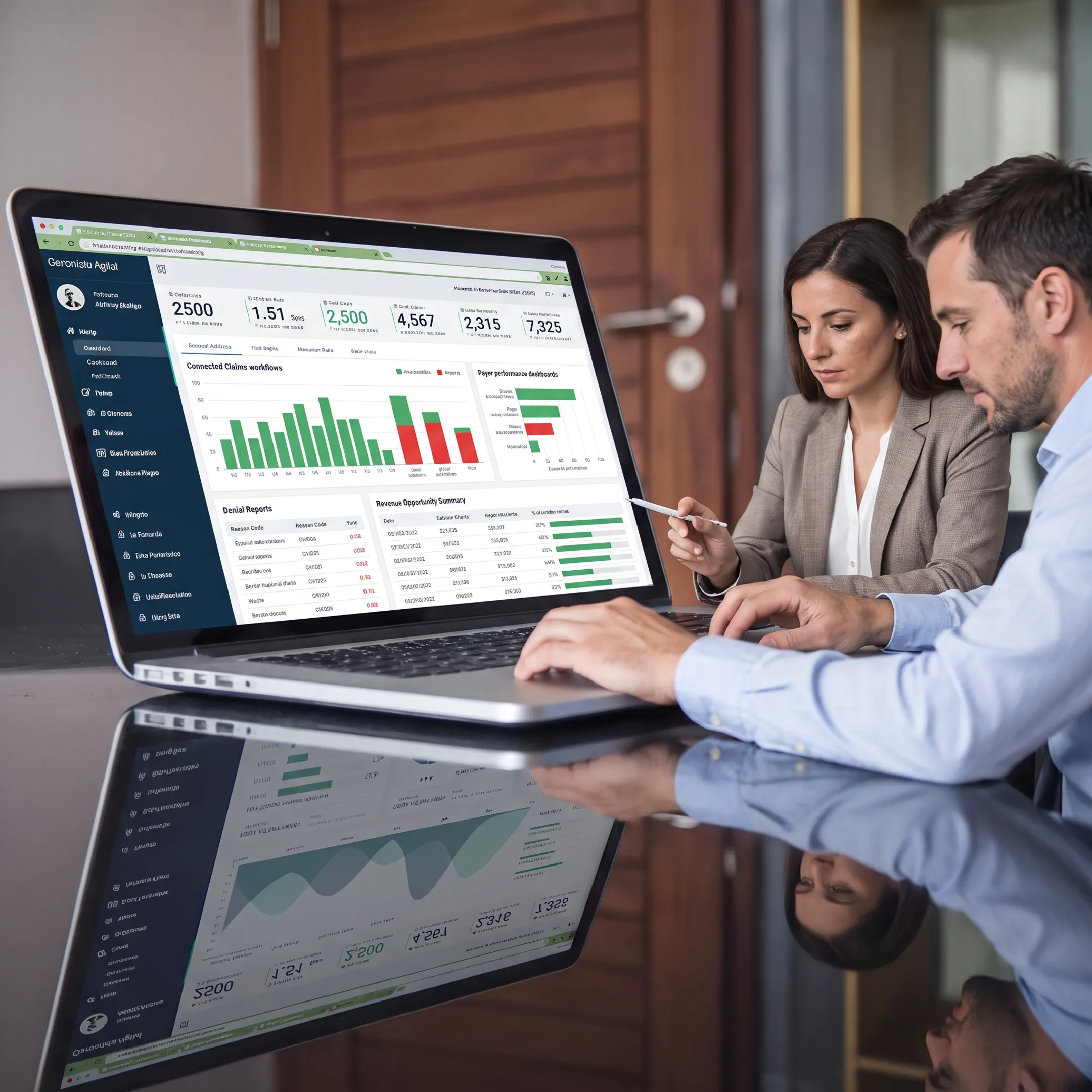 Revenue cycle specialist analyzing healthcare claims and financial performance dashboards