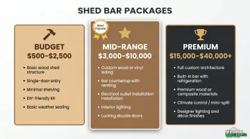 Three-tier shed bar cost comparison budget mid-range and premium breakdown infographic