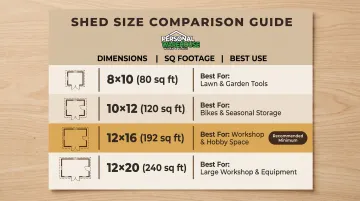 Shed size comparison chart for man cave bar from 8x10 to 12x20 feet