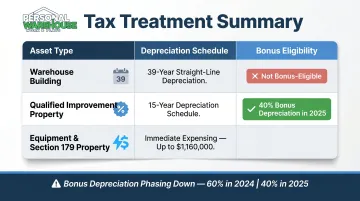Warehouse depreciation tax treatment comparison table three property categories 2025