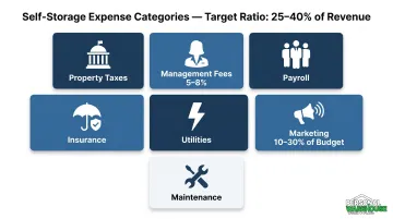 Self-storage operating expense categories breakdown with typical percentage ranges