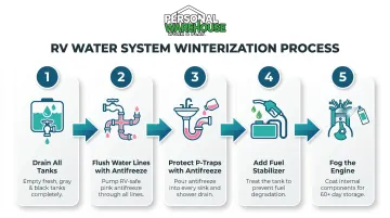 5-step RV winterization water system preparation process flow infographic