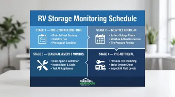 RV long-term storage maintenance schedule four-stage timeline infographic