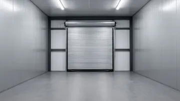 Interior of insulated commercial storage facility showing wall panels and overhead door seals
