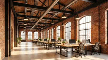 Converted industrial loft office space with exposed brick high ceilings and open workstations