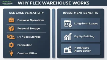 Flex warehouse versatile use cases and investment benefits comparison infographic