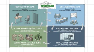 Four essential creative office zones layout diagram with work style descriptions