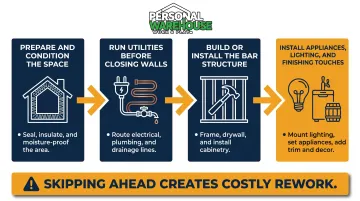 4-step man cave bar build process from space prep to finishing touches