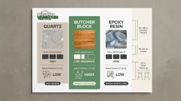 Bar countertop material comparison quartz butcher block and epoxy resin properties