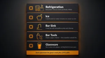 Man cave bar essential equipment checklist with icons for each category