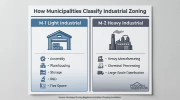 Industrial zoning tiers M-1 light and M-2 heavy classification comparison infographic