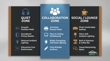 Three-zone warehouse office layout quiet collaborative and social zones comparison